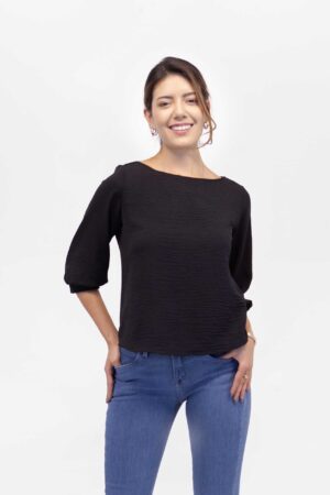 Vista Frontal Blusa Mujer Regular 3/4 Ballon Sleeve Negro SS4 de Marca Lee
