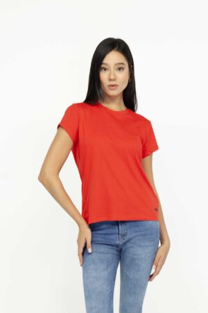 Vista Frontal Camiseta Mujer Regular Crew Neck Rojo SS3 de Marca Lee
