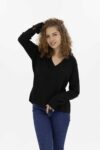Vista Frontal Blusa Mujer regular V Neck Manga Larga Negro Fw4