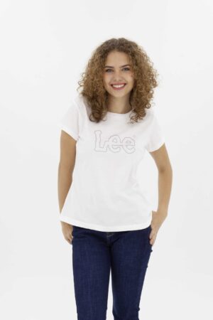 Vista Frontal Camiseta Mujer Regular Logo Crema Fw4