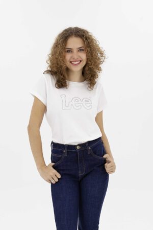 Vista Frontal Camiseta Mujer Regular Logo Crema Fw4