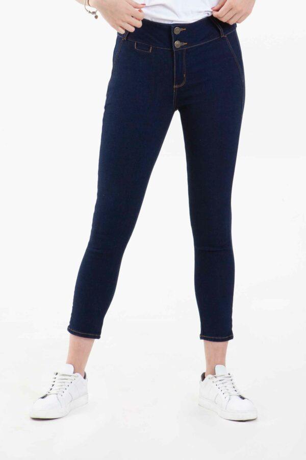 Vista frontal de jean estilo cropp de color azul de pierna ajustada de marca lee
